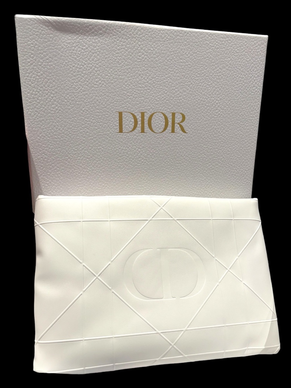 Dior White Embossed CD Quilted Large Pouch with zipper - beauty -  in box